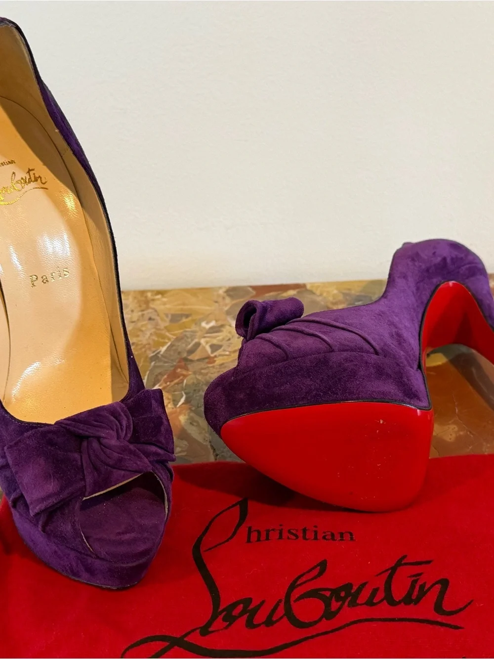 Christian Louboutin Purple Suede Knotted Peep-Toe Platform Pumps